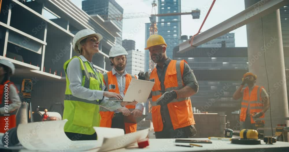 Crew of Construction and Site Managers Having a Meeting at a Construction Site with Skeleton Frame Building with Concrete and Steel Beams. Industrial Specialists Using Laptop to Check the Blueprints Crew of Construction and Site Managers Having a Meeting at a Construction Site with Skeleton Frame Building with Concrete and Steel Beams. Industrial Specialists Using Laptop to Check the Blueprints