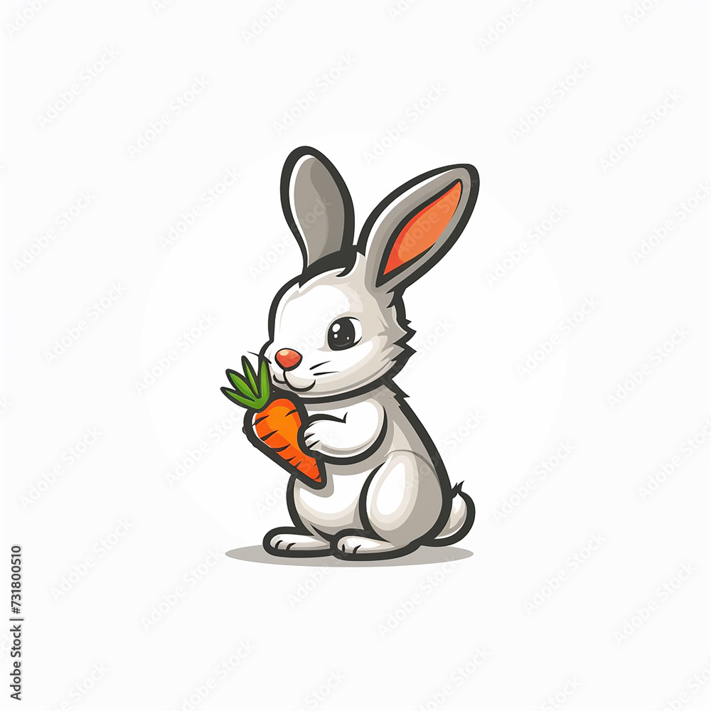 Flat logo of Vector  cute rabbit eating carrot illustration vector, white background