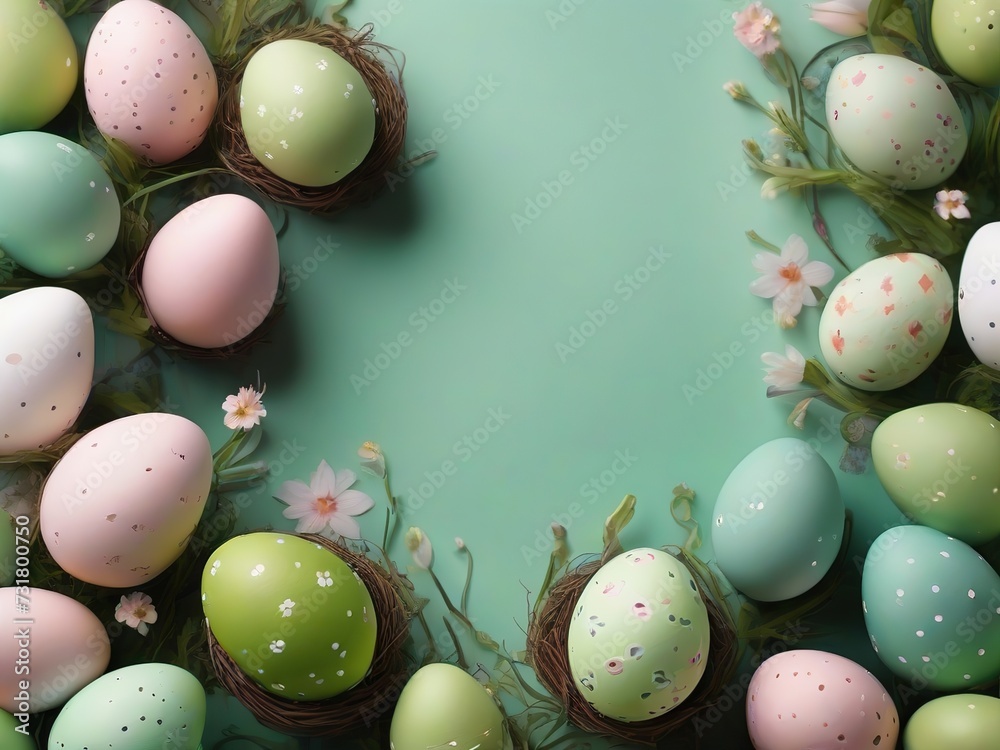 Colorful easter eggs in nest with spring flowers on green background. Top view with copy space