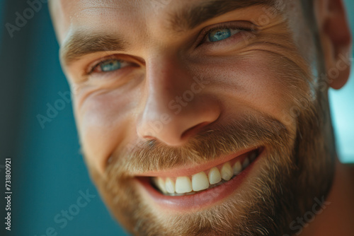 Close up shot of cheerful satisfied attractive male with stubble.