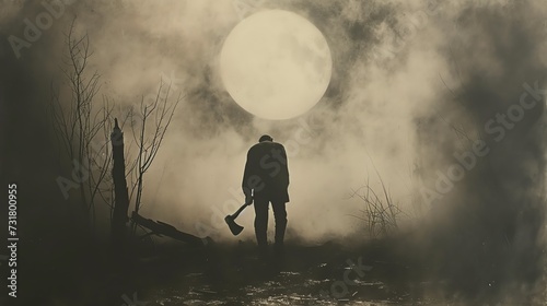 A silhouetted figure holding an axe stands against a misty, full moon backdrop, creating a chilling scene that combines elements of suspense and the supernatural. photo