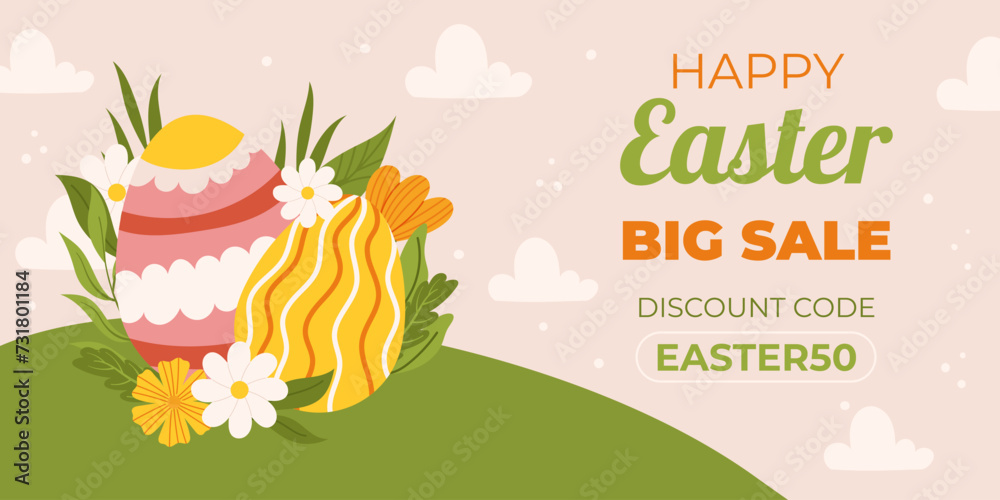 Easter sale horizontal background template for promotion. Design with painted eggs on green grass field with flowers and leaves. Spring seasonal advertising. Hand drawn flat vector illustration.