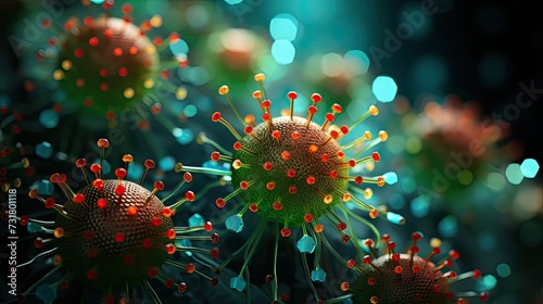 green, red and blue coronavirus surrounded by red fluorescent dots, in the style of dark azure and gold, photo