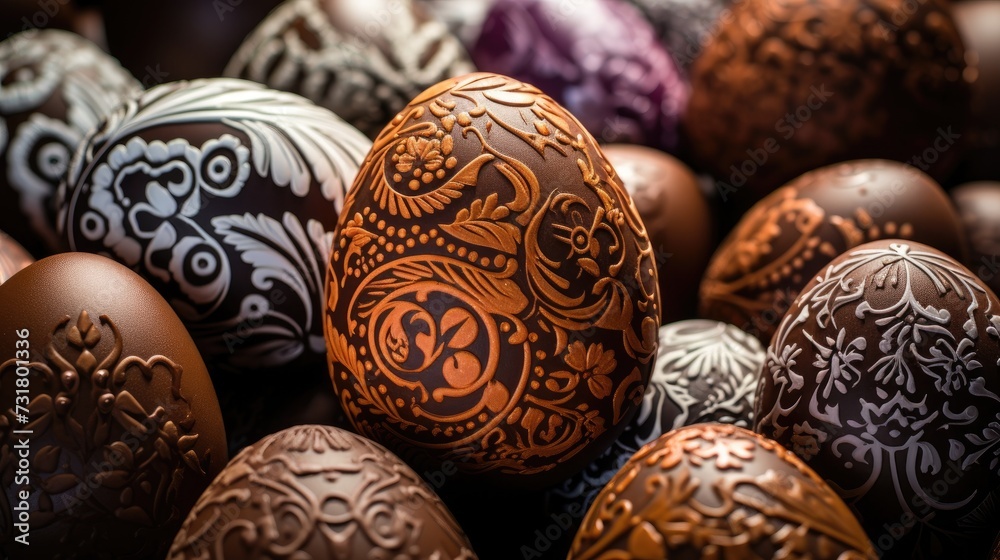 Close up of chocolate easter eggs with ornaments by handmade, easter celebration concept Close up of chocolate easter eggs with ornaments by handmade, easter celebration concept