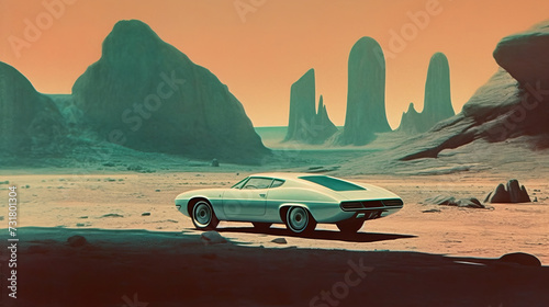 Illustration of a science fiction car against a surreal landscape. Retro style