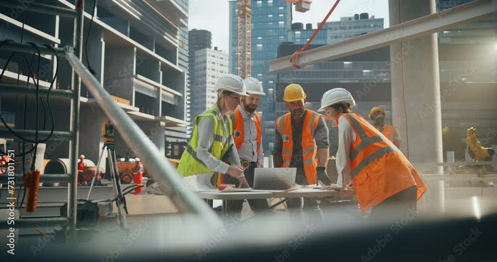 Establishing Footage of Female and Male Engineers and Architects Having a Conversation During a Meeting at a Building Site. Specialists Using Laptop Computer to Discuss Details on a Construction Plan