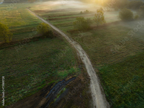 Aerial view of a crop field with green grass and a dirt road on a foggy day at dawn. Agricultural fields