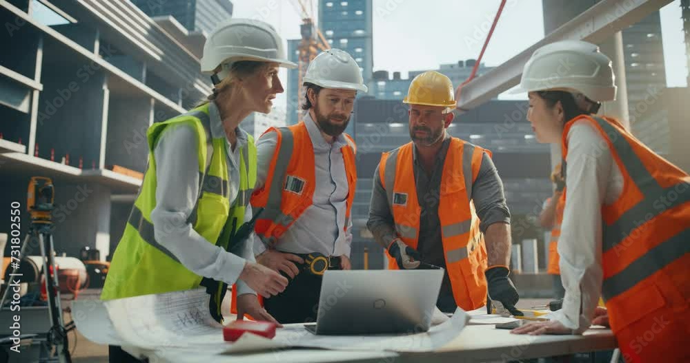 Portrait of Diverse Multiethnic Team of Construction Workers Having an Open Air Meeting at a Building Site. Male and Female Infrastructure Company Crew Discussing Office Building Development Details Portrait of Diverse Multiethnic Team of Construction Workers Having an Open Air Meeting at a Building Site. Male and Female Infrastructure Company Crew Discussing Office Building Development Details
