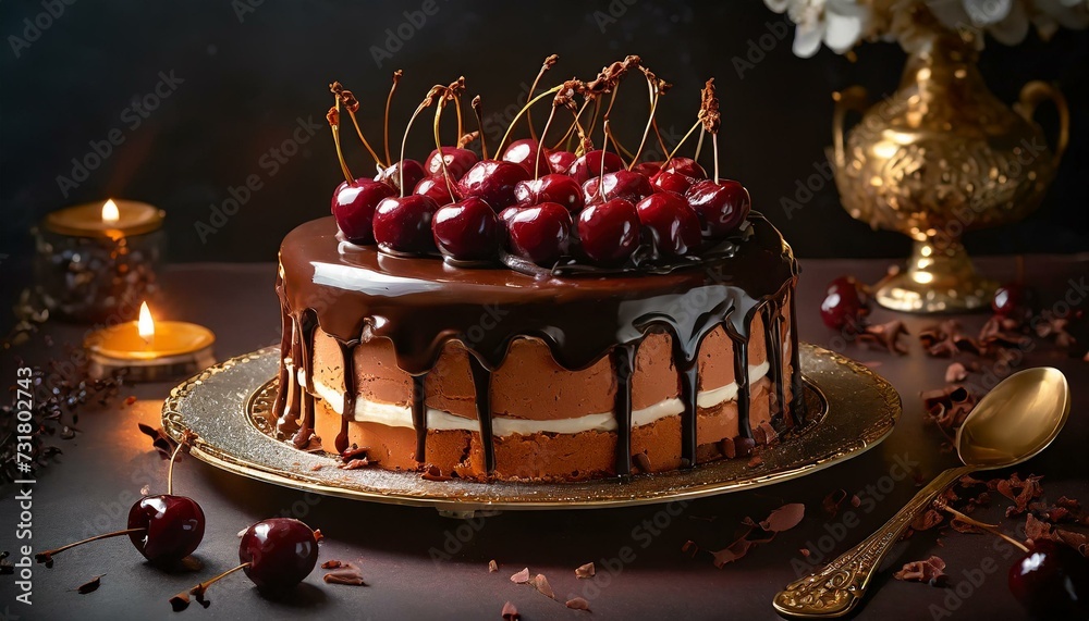 Chocolate cake with chocolate icing and cherries