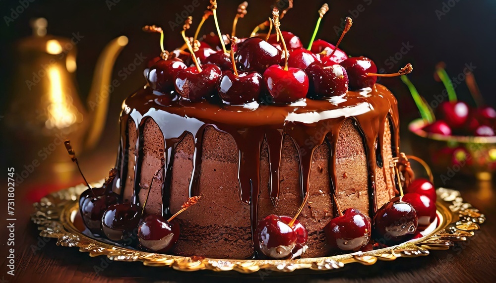 Obraz na płótnie Tort czekoladowy z polewą czekoladową i wiśniami w salonie