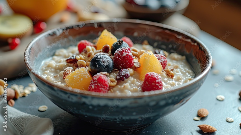 A close-up shot of a wholesome bowl of oatmeal A close-up shot of a wholesome bowl of oatmeal