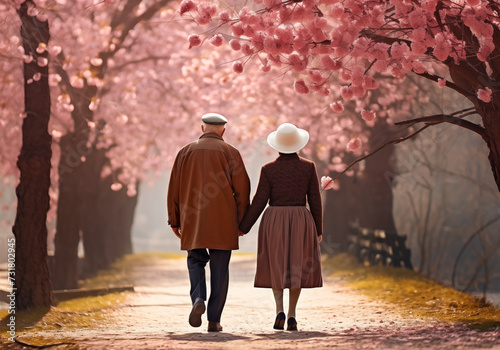 happy elderly couple walking in spring park
