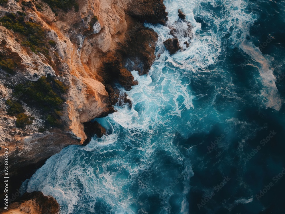Obraz premium Bird's-eye view of a coastline with rugged cliffs and crashing waves
