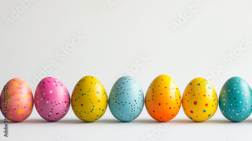 Minimal Easter wallpaper with colorful eggs with dots on white background.