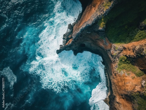 Bird's-eye view of a coastline with rugged cliffs and crashing waves