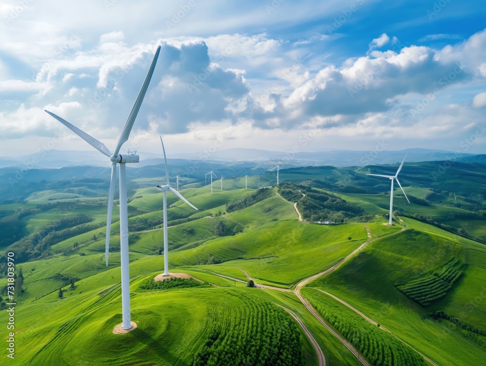 Drone shot of a peaceful countryside with wind turbines on rolling hills Drone shot of a peaceful countryside with wind turbines on rolling hills