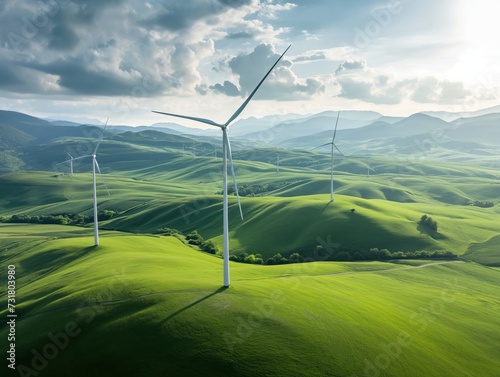 Drone shot of a peaceful countryside with wind turbines on rolling hills