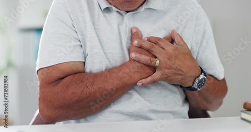 Hands, chest pain and heart attack, old person and cardiovascular health with emergency and angina. Heartburn, hypertension or lung disease, sick with asthma or stroke in medical crisis from stress photo