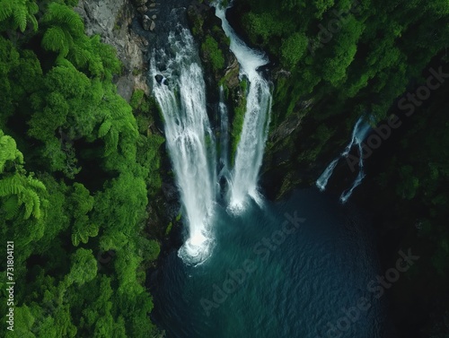 Top-down view of a waterfall cascading down into a pool below