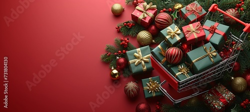 Holiday Gift Basket with Christmas Decorations and Presents Generative AI photo