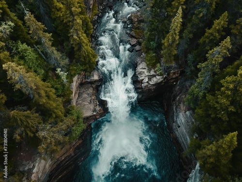 Top-down view of a waterfall cascading down into a pool below