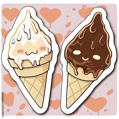 Vector illustration of two delightful cute ice cream cones with vanilla and chocolate toppings