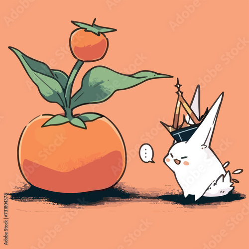 Vector illustration of an adorable rabbit with a crown snuggled up next to a fresh, red tomato