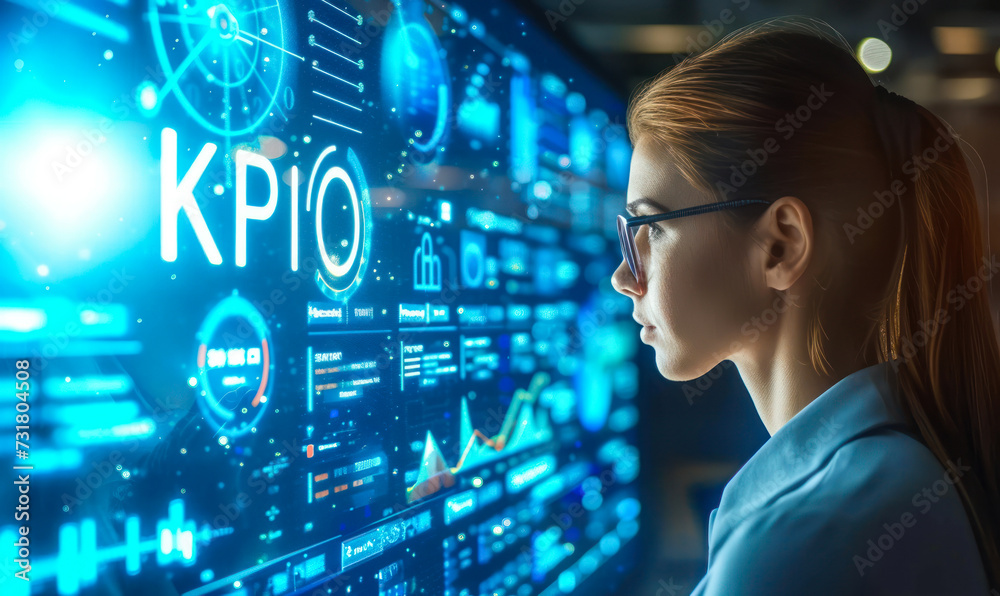 Focused businesswoman analyzing Key Performance Indicators (KPI) on futuristic holographic interface, data analytics and business metrics concept Focused businesswoman analyzing Key Performance Indicators (KPI) on futuristic holographic interface, data analytics and business metrics concept