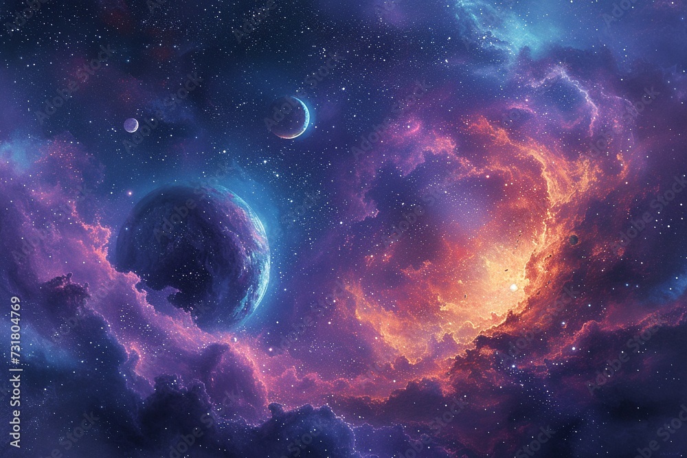 A surreal watercolor celestial display featuring an array of colorful planets aligned, framed by a delicate nebula ribbon, perfect for wall art wallpaper A surreal watercolor celestial display featuring an array of colorful planets aligned, framed by a delicate nebula ribbon, perfect for wall art wallpaper