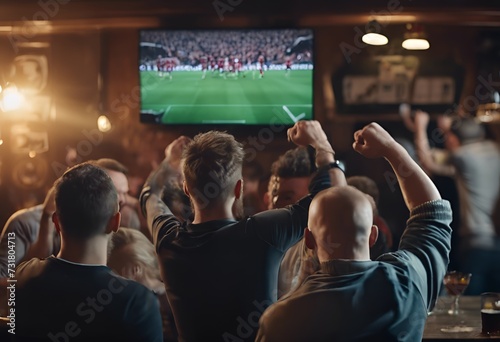 A group of football fans are watching the football championship on TV in a beer bar. Back view