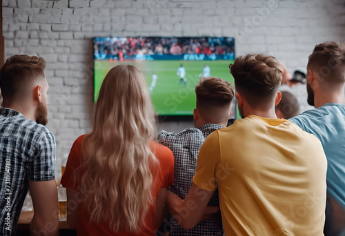A group of football fans are watching the football championship on TV. Back view