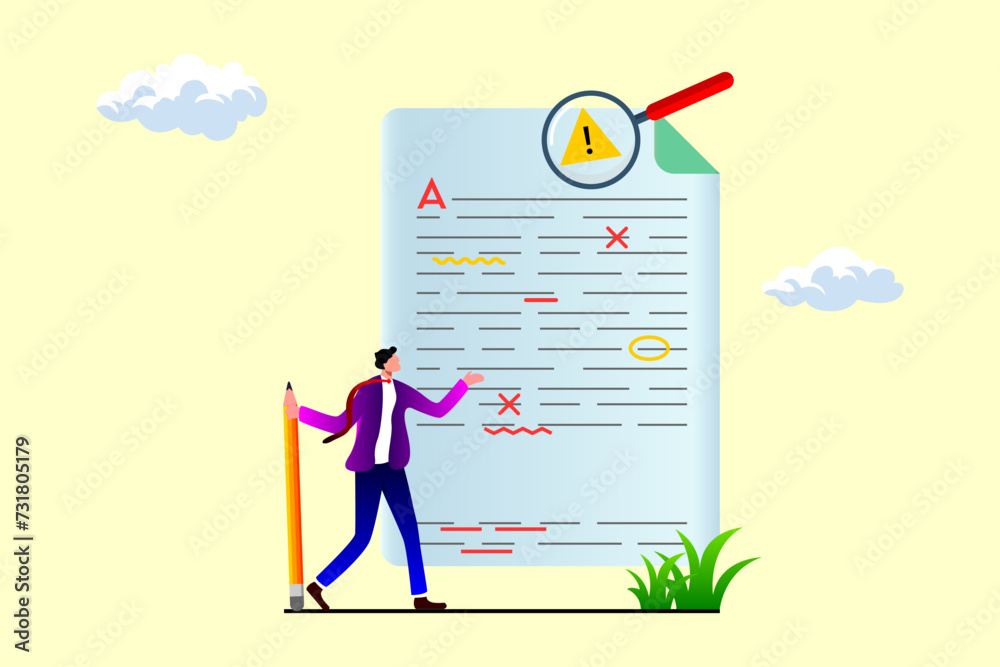 Editing document with text. Correcting grammar mistake with red marker. Teacher fix page text errors. Concept of proofread script, grammar edit, correcting mistake. Vector flat cartoon illustration