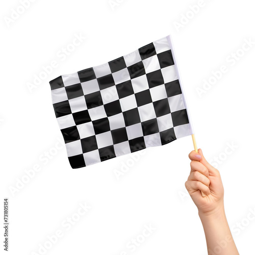 Female hand checkered race flag holding by hand Isolated on transparent background.