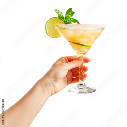 Female hand holding glass of delicious margarita cocktail Isolated on transparent background.