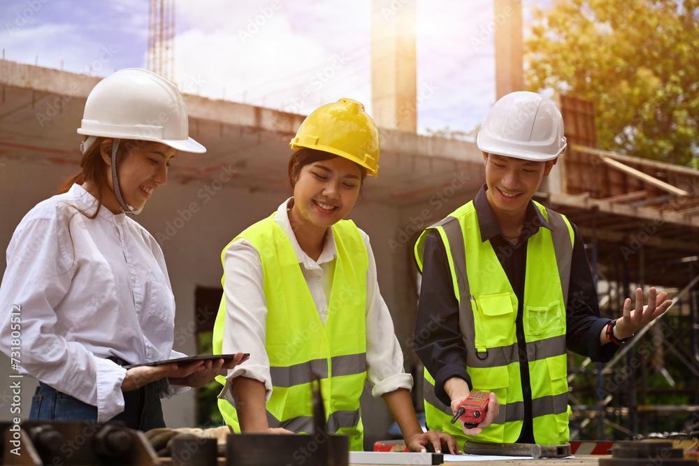 Professional Engineer and Architect teams meeting working together on construction site outdoors with sunlight Professional Engineer and Architect teams meeting working together on construction site outdoors with sunlight