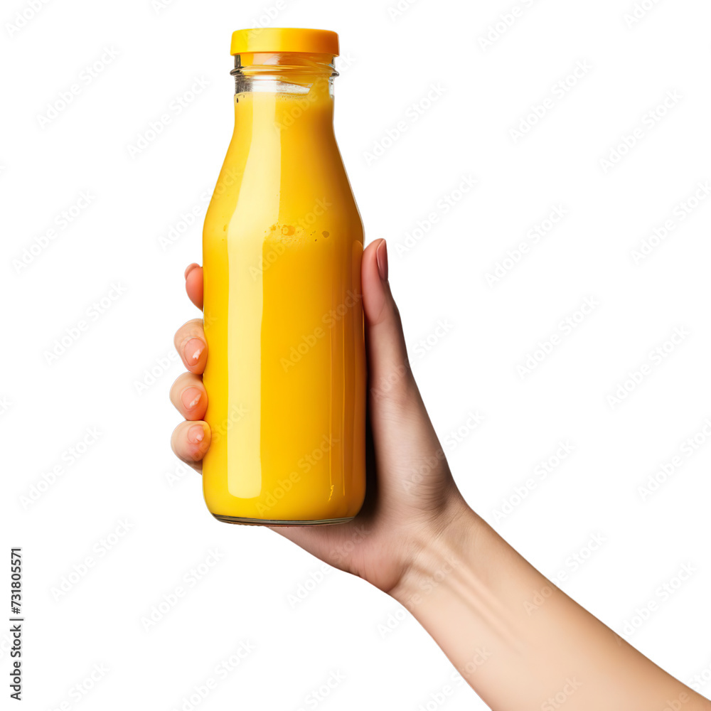 Female Hand holding with bottle of the Mango smoothie Isolated on transparent background. Female Hand holding with bottle of the Mango smoothie Isolated on transparent background.