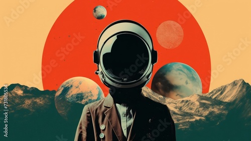 An illustration of a sci-fi cosmonaut in a retro style photo