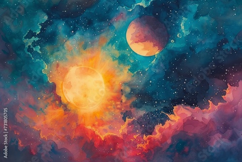 A surreal watercolor celestial display featuring an array of colorful planets aligned, framed by a delicate nebula ribbon, perfect for wall art wallpaper
