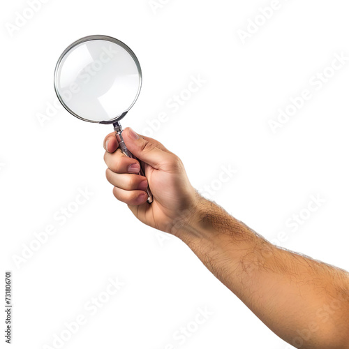 Men hand holding a magnifying glass Isolated on transparent background.