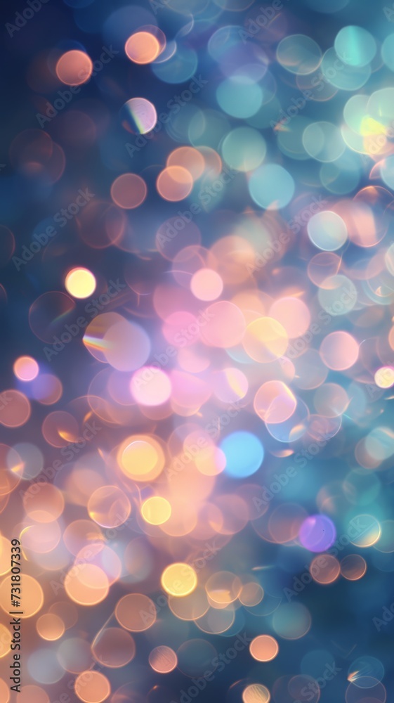 Abstract dark festive blurry background with shiny golden bokeh effect, vertical layout for social media stories