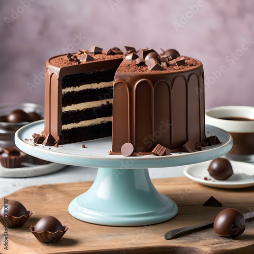 Una irresistible tarta de chocolate con capas suaves y esponjosas, adornada con bombones y restos de chocolate. Pastel listo para deleitar los sentidos con su sabor dulcey su aspecto tentador. IA photo