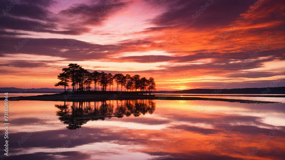 Tranquil silhouette of trees lining the shores of a glassy lake as the fiery hues of the setting sun paint the sky in a symphony of oranges, pinks, and purples Tranquil silhouette of trees lining the shores of a glassy lake as the fiery hues of the setting sun paint the sky in a symphony of oranges, pinks, and purples