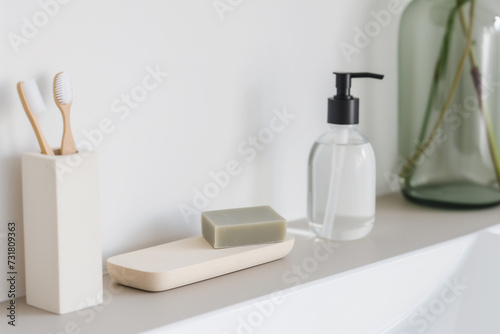 Minimalist bathroom showcasing eco-friendly personal care products.