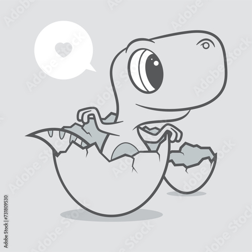 Vector funny cartoon baby Dinosaur in egg. Grey background.