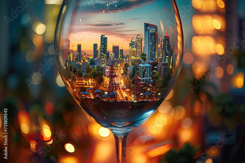 Bangkok view through a wineglass. Diorama