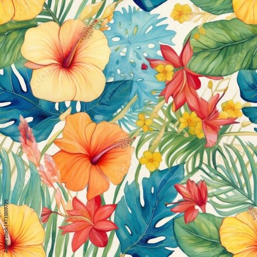 Wallpaper Mural Tropical Themed Leaves And Floral Patterns, Art Deco Torontodigital.ca