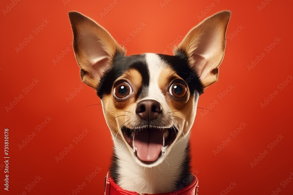 Studio portrait of a dog with a surprised face on a red background.