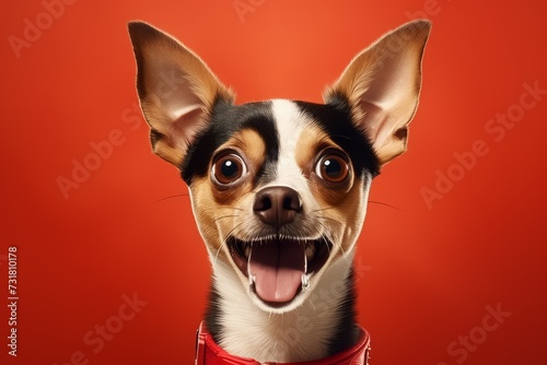 Studio portrait of a dog with a surprised face on a red background. © Alexandr