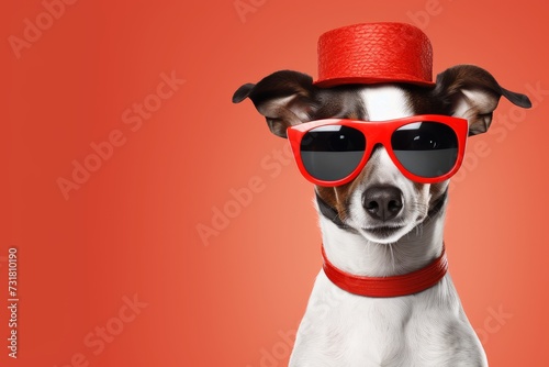 Funny dog in sunglasses and hat on a red background. Kidkore style, the concept of humanization © Alexandr