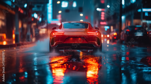 Long exposure of speeding super car in the middle of highway of huge city, night lights, car light trails and blurred lights, speed motion blur background, super fast car, modern transport, luxury  © Loucine